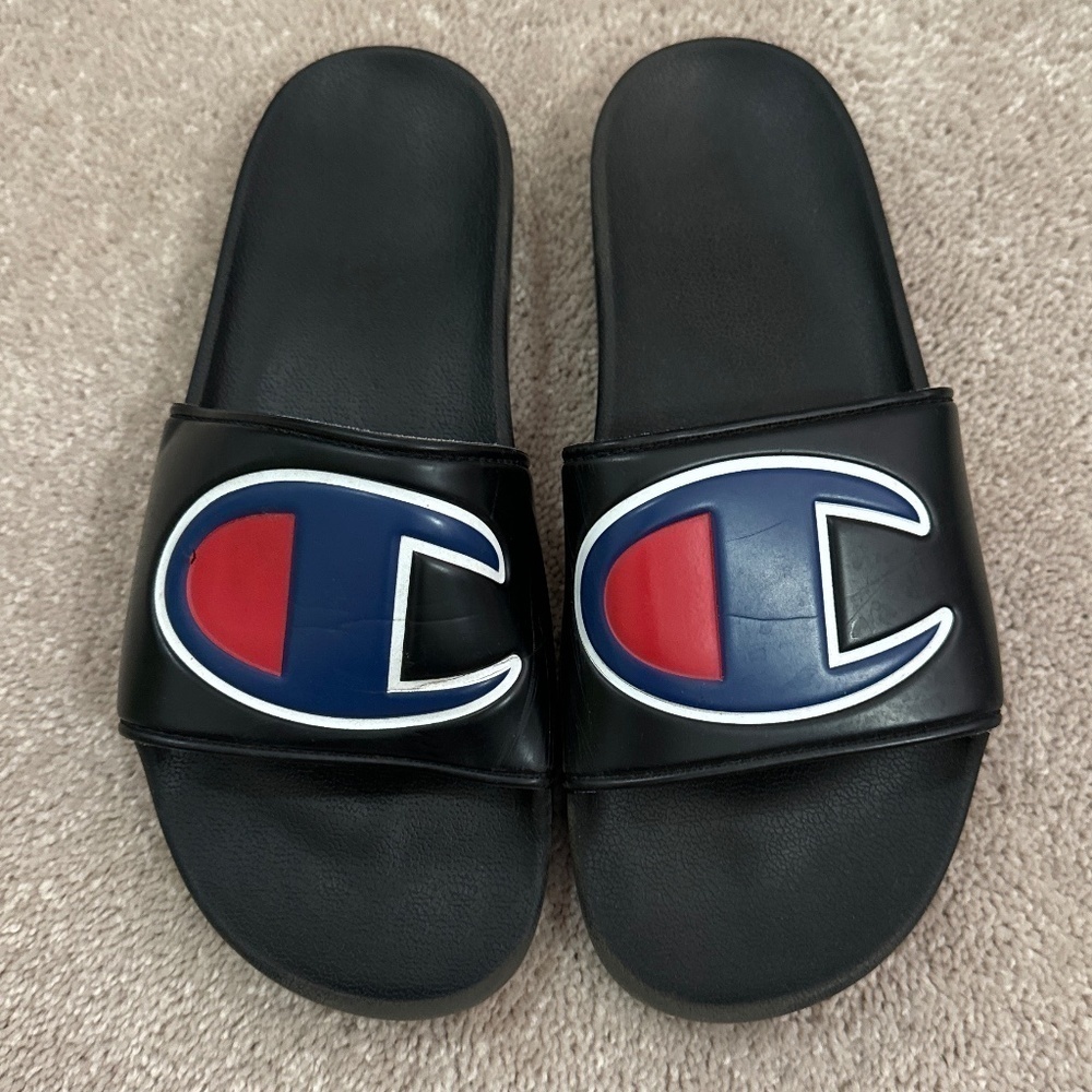 Champion Unisex Men 8 Women 9.5 Black Slides Sandals Large Logo Pool Beach Show…
